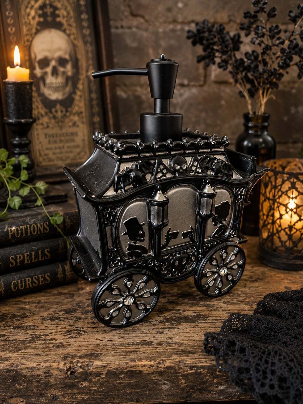 New Skeleton Cheering In A Hearse Spooky Halloween Soap Dispenser Decoration